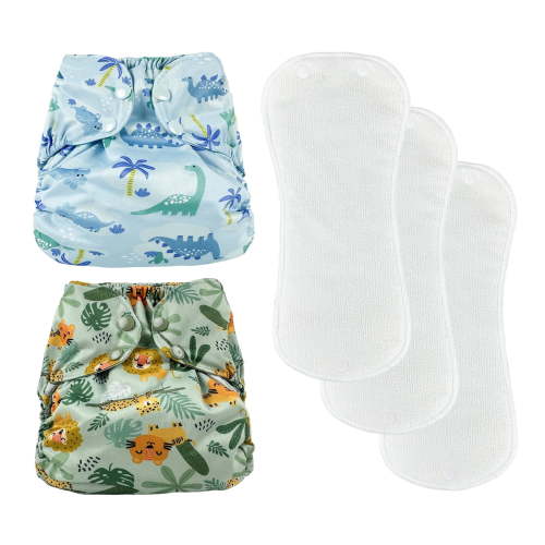 BISENKID 2 Pack Waterproof Cloth Diaper Cover Reusable Plastic Diaper Cover - Adjustable Outer Shell with 3 Pack Absorbent to Prevent Urine Blowouts for Baby Boy, Size 2 (18-35Pound)