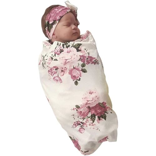 Infant Baby Summer Floral Receiving Blankets Coming Home Outfit Girls Sleeping Bag Swaddle Blanket with Headband Set
