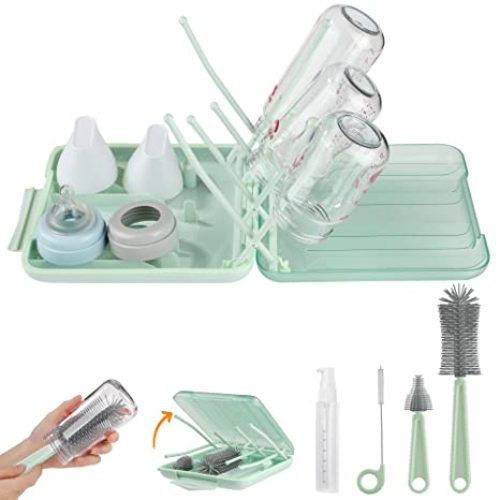 Bottle Brush Set -Baby Travel Essential-6 in 1 Bottle Cleaner Kit with Silicone Bottle Brush,Nipple Cleaner Brush,Straw Brush,Soap Dispenser,Storage Box,Bottle Drying Rack for Home and Travel(Blue)