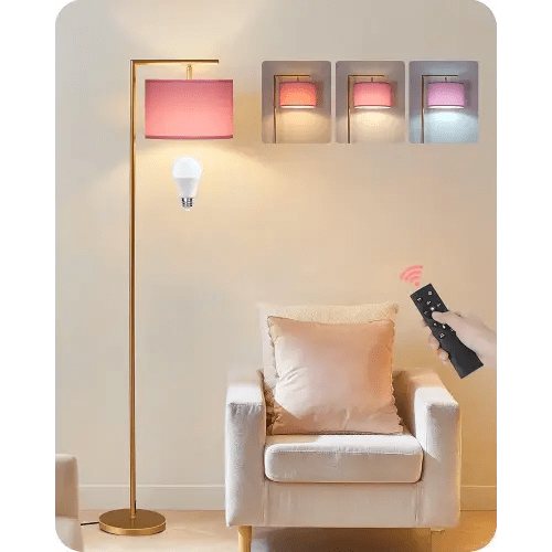 GOEBLESON Modern Gold Arc Floor Lamp, Corner Tall Lamp with Remote, Arched Reading Light with Fabric Shade, Floor Lighting for Living Room, Bedroom, Office, Study, Pink, LED Bulb Included, DP11LD05