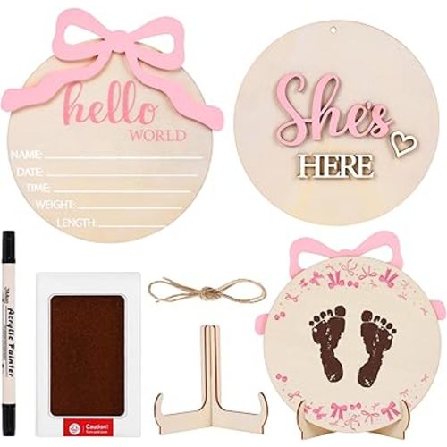 Whaline 2Pcs Baby Announcement Wooden Signs 3D Pink Bow Hello World Newborn Name Sign She' Here Welcome Board with Hand & Footprint Ink Pad for Baby Girl Birth Shower Photo Prop