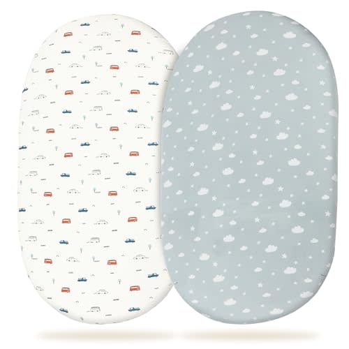 Insular Baby Bassinet Sheets for Boys Girls, Universal Fitted 100% Cotton Bassinet Sheet 2 Pack for Standard and Toddler Mattress, Breathable Soft, Car&Cloud