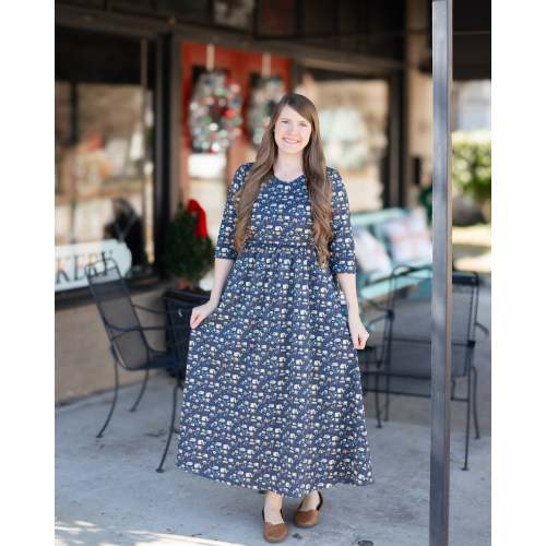 Blue Cotton "Novella" Book Print Homestead Nursing Friendly Dress
