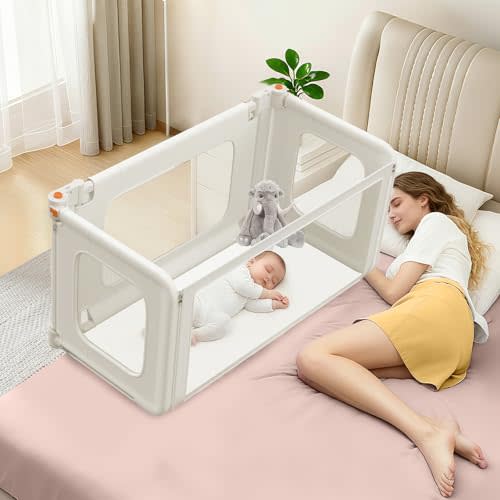 3 in 1 Bedside Bassinet, 69.26" x 19.29" Baby Bassinets Bedside Sleeper with Mosquito Net + Storage Bag + Child Lock, Baby Crib & Toddler Bed Rails for Twin, Full, Queen, King Size, Beige