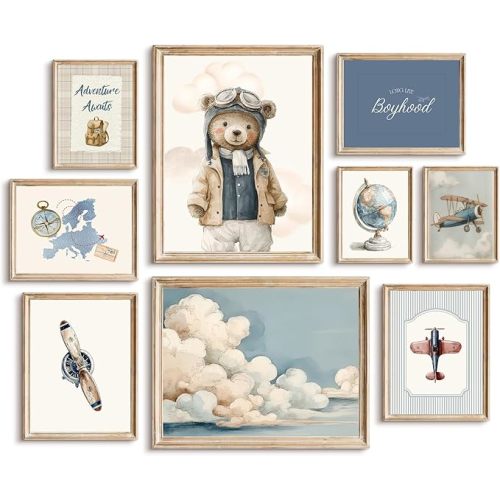 Teddy Bear Nursery Wall Art Decor Baby Boys Room Canvas Poster Vintage Nursery Wall Decor Navy Blue Kids Room Prints Airplane Pictures Travel Bear Painting Artwork for Bedroom 8x10x9 Inch Unframed