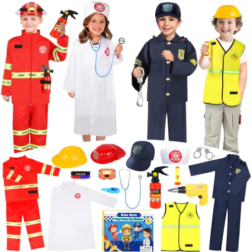 IVENRXIU Dress Up Clothes,4 In 1 Role Play Costumes for kids Ages 3–8 | Includes Police, Doctor,Fireman,Engineer for kids Career Pretend Play Toys For Party,Halloween Christmas Birthday Gifts