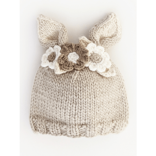 Knit Bunny Hat, Oatmeal Flowers