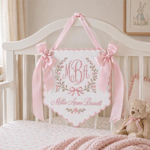 Personalized Baby Nursery Wall Hanging, Custom Embroidered Baby Name Banner, Floral Monogram Nursery Decor, Baby Shower Gift