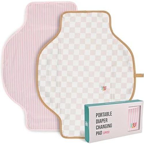 PZU 2 Pack Portable Diaper Changing Pad - Waterproof Travel Changing Mat with Built-in Pillow, Gifts for Baby Shower, Newborn Girls & Boys (Pink Stripes, Beige Checkers)