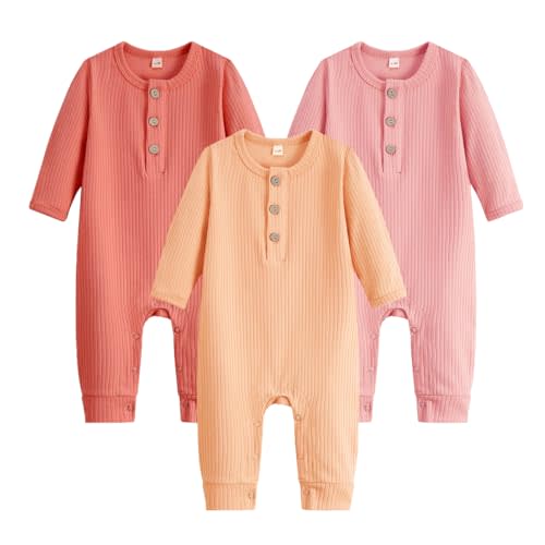Bafeicao Baby Boy Girl 3 Pack Solid Romper Ribbed Cotton Long Sleeve Jumpsuit Infants Outfits Clothes with Mitten Cuffs
