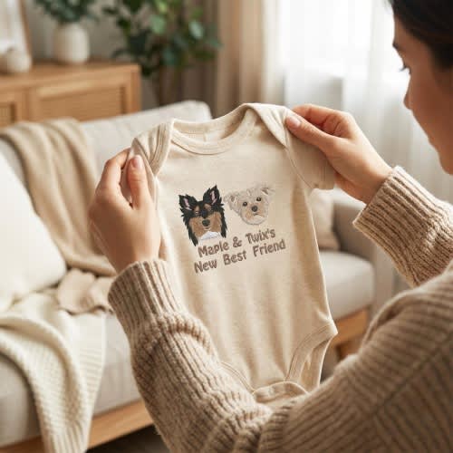 New Pet Friend Bodysuit - Custom Dog Embroidery Romper - Personalized Dog Portrait Baby Infant Bodysuit - Protected by Dog Gifts