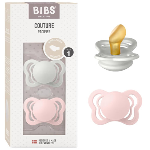 BIBS Couture Baby Pacifier 2-Pack | Made in Denmark | BPA Free Dummy Soother, Anatomical Nipple. Natural Rubber Latex, Size 1 (0-6 Months), Haze / Blossom