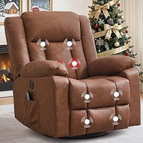 Rocker Recliner, Glider Recliner Chairs for Adults, 360° Swivel Rocking Chair with Massage and Heating, Nursery Chair with Storage and USB Charging for Living Room, Bedroom, Nursery