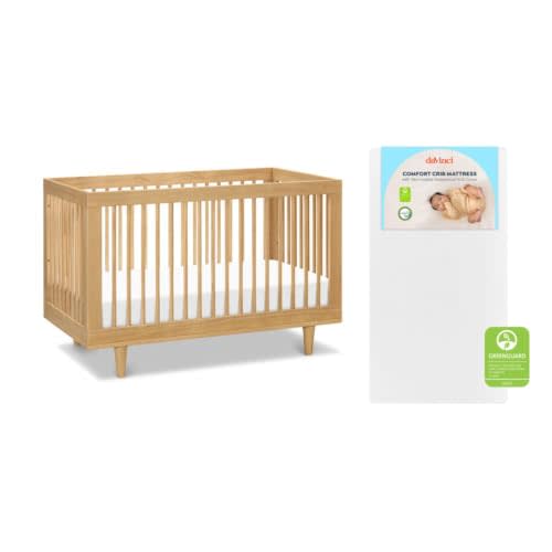 Davinci Marley 3-in-1 Convertible Crib w/Mattress - Honey | FSC & GREENGUARD Gold Certified Crib Convertible to Toddler Bed & Daybed - Includes Mattress - Conversion Kit Sold Separately