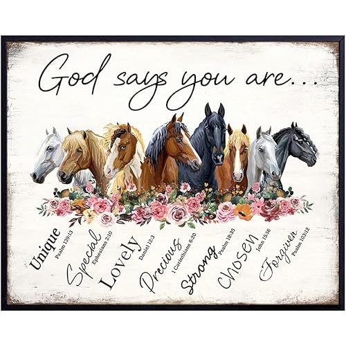 Rustic Religious Horse Wall Art - Inspirational Spiritual Scripture Christian Boho Farmhouse Poster - Girls Bedroom Decor - God Says You Are - Shabby Chic Decoration - Country Western Gift for Women
