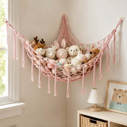 Cotton Rope Storage Net, Handwoven Wall Hanging Hammock for Stuffed Animals and Toys, Light Pink with Hook