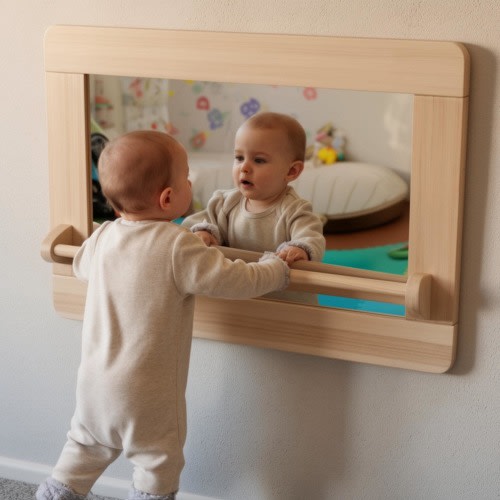 Baby Mirror with Pull Up Bar for Daycare Playrooms, Nursery & Preschool Learning Furniture,  Toddlers Wooden Mirror