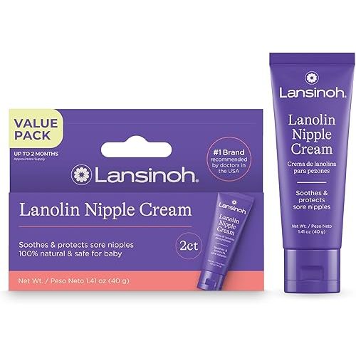 Lansinoh Lanolin Nipple Cream Safe for Breastfeeding Baby, 100% Natural Nipple Butter for Mom, Breastfeeding Essentials, 1.41 Ounces (2 Pack)