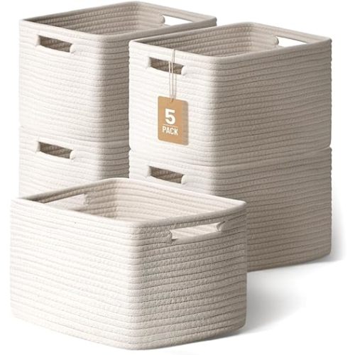 5 Pack White Woven Storage Baskets