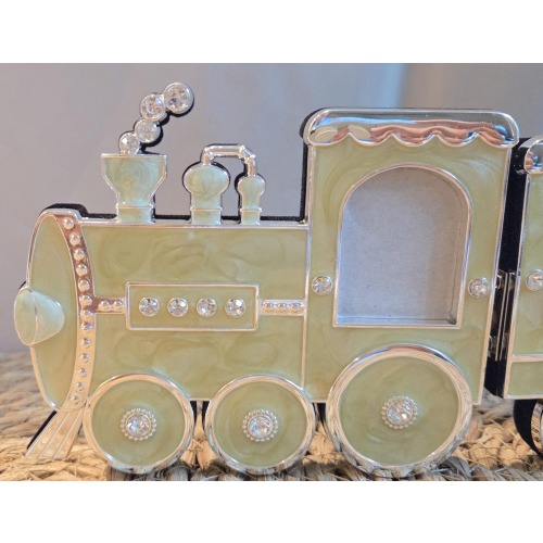 Vintage Enamel Baby Train Picture Frame Silver Trim Mint Green Nursery Decor Multi Photo Hinged Frame Christening Shower Gift