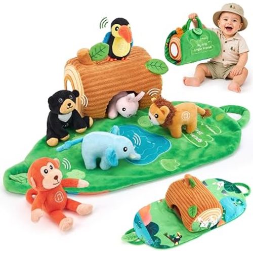 hahaland Baby Toys 6-12 Months, Jungle Plush Animal Set with Sounds & Words
