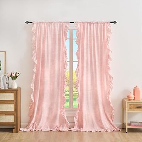 Blush White Plaid Gingham Ruffle Curtains 2 Panels, 100% Washed Cotton Drapes for Bedroom Living Room Doorway Shabby and Chic Window Treatment Rod Pocket, W52”xH84