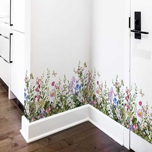 Big Plant Grass Wall Corner Stickers Flowers with Butterflies Base Board Skirting Line Wall Decals for Bedroom Living Room Staircase Kitchen