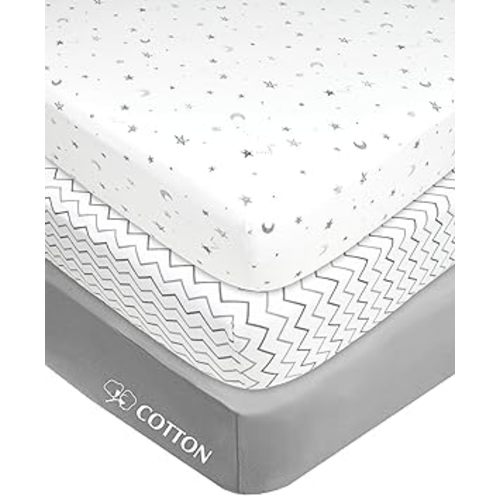 American Baby Company 3 Pack 100% Natural Cotton Fitted Mini Crib Sheets 38" x 24" - Soft & Breathable Small Nesting Portable Sheets, Fits Pack N Play Mattresses, Gray Star/Zigzag, for Boys & Girls