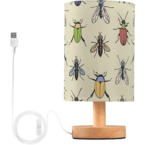 Table Lamp Colored Beetle Bugs Flies Pattern Nightstand Lamp with Wood Base Fabric Lamp Shade Bedside Desk Lamp for Living Room Bedroom Kids Room Office