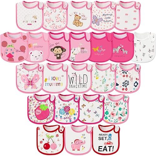 Cotton Waterproof Baby Bibs - 24Pcs Adjustable Hook Loop Closure Bib for Feeding Teething Drooling Eating, 6-12 Months