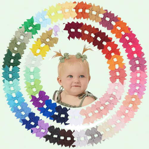 100PCS Baby Hair Bows Clips, 2'' Grosgrain Ribbon Mini Bows in 50 Colors, Perfect Hair Accessories for Girls