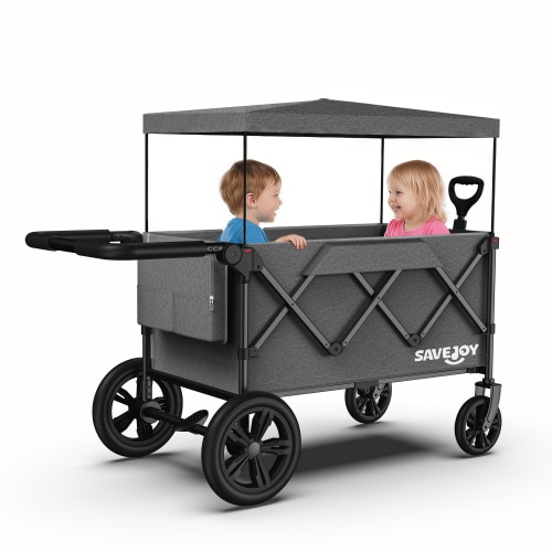 Wagon Stroller for Kids, SaveJoy 3-in-1 Collapsible Stroller Wagon for 2 Toddlers with Removable Canopy, 5-Point Harness, All-Terrain Wheels