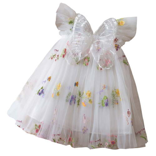 NIEWTR Toddler Girls Butterfly Wings Dress Party Dress Bow Elegant Brilliant Tulle Lace Bridesmaid Wedding Birthday Dress Wedding Flower Girl Dress(A09-White,12-18 Months)