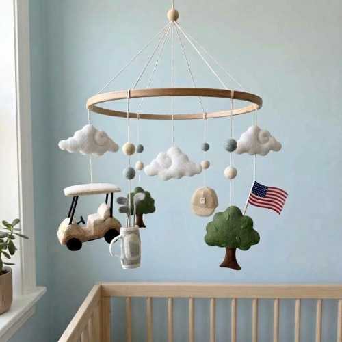 Golf Nursery Decor, Baby Mobile with Felt Golf Cart, USA Flag, Trees
