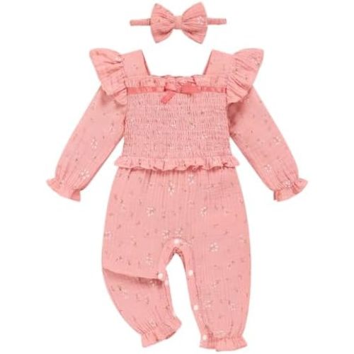 GRNSHTS Baby Girl Floral Romper Smocked Jumpsuit Fall Winter Outfits