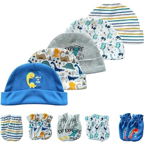 MAMIMAKA Baby Hat and Mittens Set Newborn Baby Hats Caps for Baby Boys Girls 0-6 Months 100% Cotton