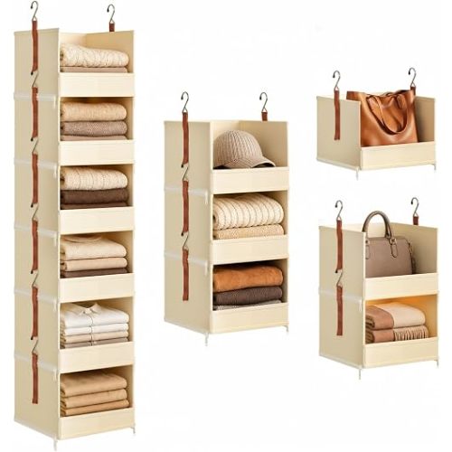 DIMJ Hanging Closet Organizer - 6-Tier Modular Hanging Shelves with Zippers Hooks, Collapsible Baskets for RV, Dorm, Small Spaces, Fabric Storage Bins for Clothes, Handbags
