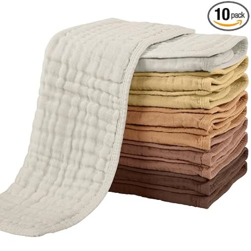 Yoofoss Muslin Burp Cloths for Baby 10 Pack 100% Organic Cotton Baby Washcloths for Boys Girls Large 20''X10'' Super Soft and Absorbent Gradient Brown