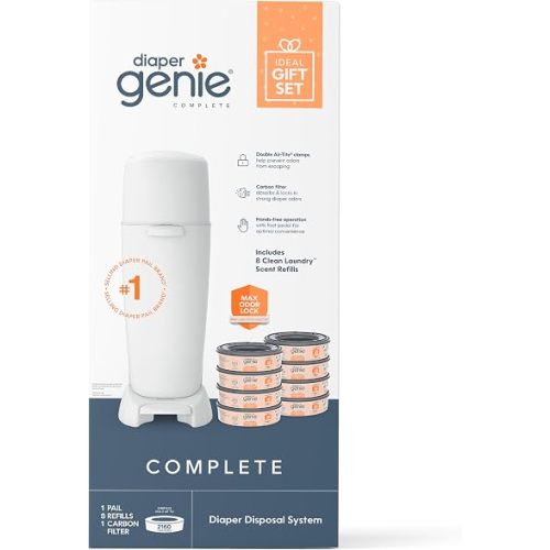 Diaper Genie Registry Gift Set | Includes Diaper Genie Complete Diaper Pail, 8 Refill Bags, 1 Carbon Filter | Perfect Starter Kit