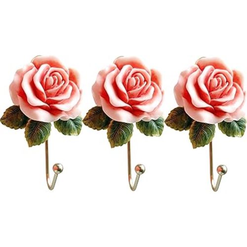 OPENDGO 3PCS Rose Resin Wall Hooks Wall Mounted Creative Flower Iron Hook for Hanging Coat/Hat/Key/Towel/Handbag Hooks/Hangers Room Wall Decor
