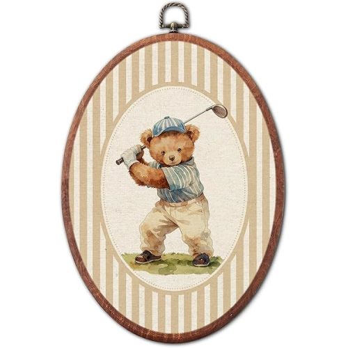 Vintage Golf Teddy Bear Nursery Oval Wall Art Framed, Sports Striped Canvas Prints, Classic Preppy Golfer Retro Boy or Girl Gift Hanging Wall Decor for Toddler Room Bedroom Playroom, 8.6x11.4 Inch
