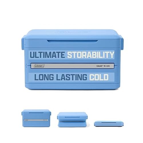 Coleman Snap N Go 35qt Collapsible Hard Cooler, Keeps ice Cold for up to 48 Hours, Holds up to 64 cans, Collapses up to 1/3 its Size, Can Hold up to 200 pounds, Blue Sky