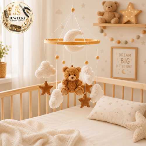 Baby Crib Mobile Wooden Music Box – Felt Bear Bed Bell Rattle Toy for Newborn Nursery Decor, Hanging Mobile with Bracket, Baby Shower Gift
