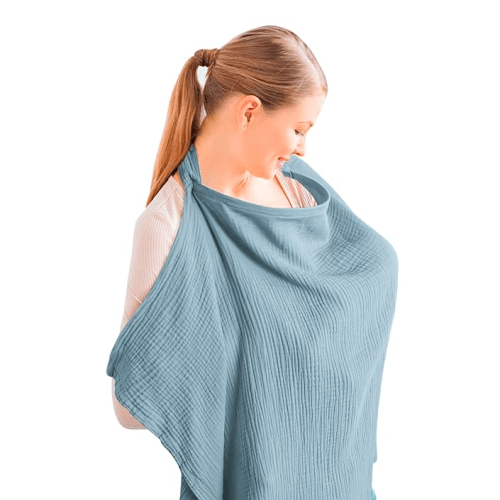 Konssy Muslin Nursing Cover for Baby Breastfeeding, Breathable 100% Cotton Breastfeeding Cover with Rigid Hoop for Mother Nursing Apron, Multi-use Carseat Canopy (Blue)