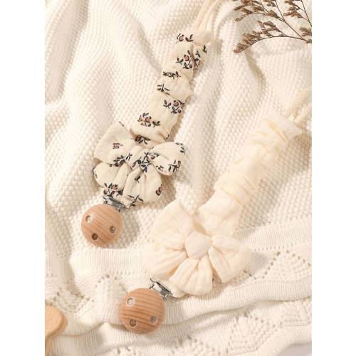 2pcs Baby Solid & Printed Pacifier Clips, Bowknot Pacifier Holder, Wooden 3-Hole Pacifier Clips, Suitable For Daily Use In Blue, Pink, Khaki | SHEIN USA
