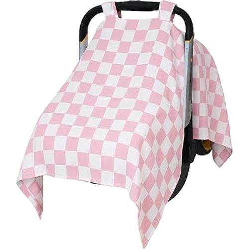 Muslin Car Seat Cover for Babies - Pink & White Plaid Infant Carrier Canopy, Soft & Breathable Baby Carseat Cover, Lightweight Sunshade for Summer, Universal Fit for Boys & Girls