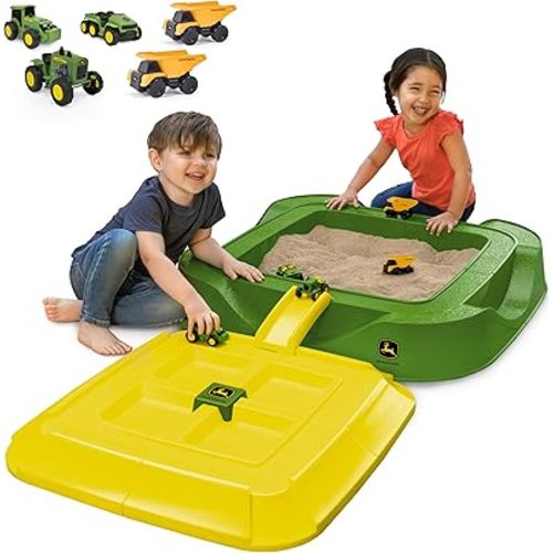 John Deere Sandbox with Cover, 15 Piece Accessory Set, Kids Outdoor Sand Play Toy, Tractor, Tools & Molds Included
