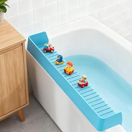 Bathtub Splash Guard for Kids Silicone 2.6FT Shelf 11 Suction Cups (Blue)