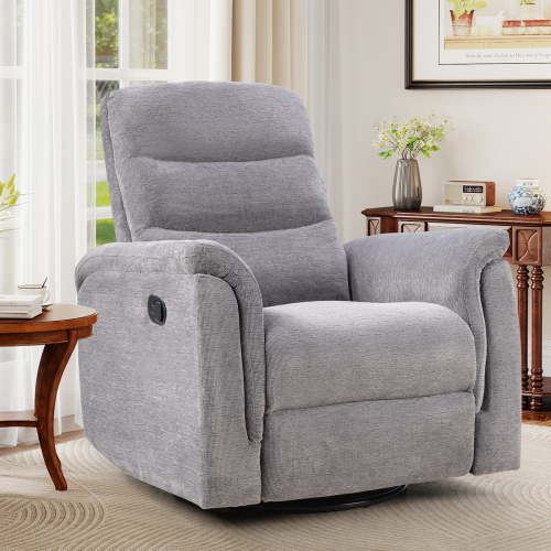Ebello Manual Swivel Rocker Recliner, Silent Nursery Glider Chair with Soft Backrest, Fabric Reclining Seat for Bedroom Apartment Living Room, Gray