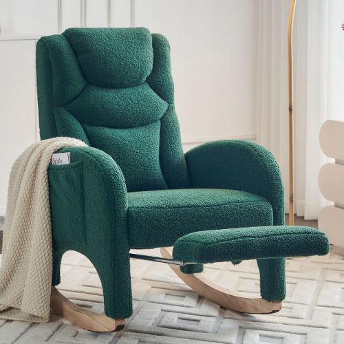 Cotton Linen/Teddy Fabric Nursery Rocking Chair, Upholstered Accent Chair With Adjustable Footrest 4W -ModernLuxe